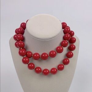 Vintage Red Beaded Necklace Gold Clasp 28” Retro Red beads